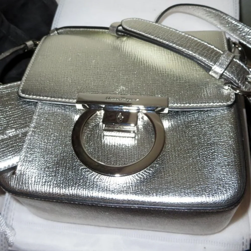 Salvatore Ferragamo Metallic Silver Leather Shoulder Grancini Flap Mini …